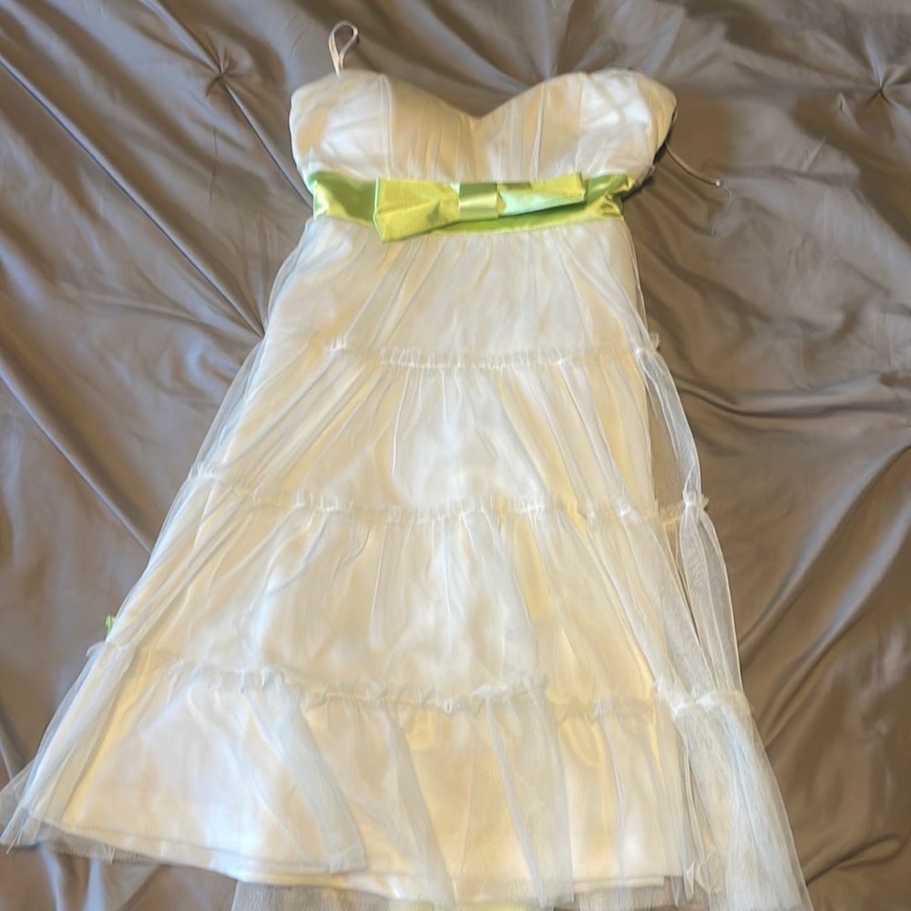 White with green belt strapless dress